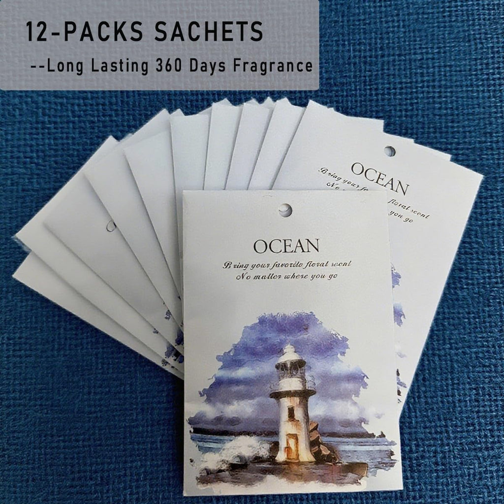 Ocean Scented Sachet Bags - 12 Pack Home & Car Freshener, Odor Eliminator for Closets, Rooms, Drawers, Wardrobes, Toilets, Long - Lasting 360 - Day Fragrance