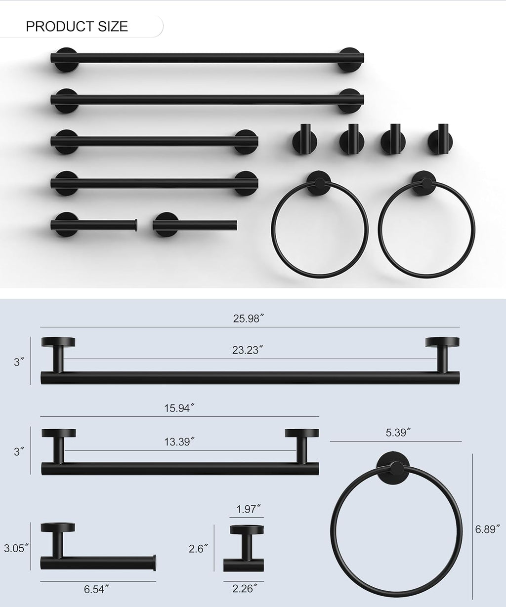 12 Pcs Matte Black Bathroom Hardware Accessories Set SUS304 Stainless Steel