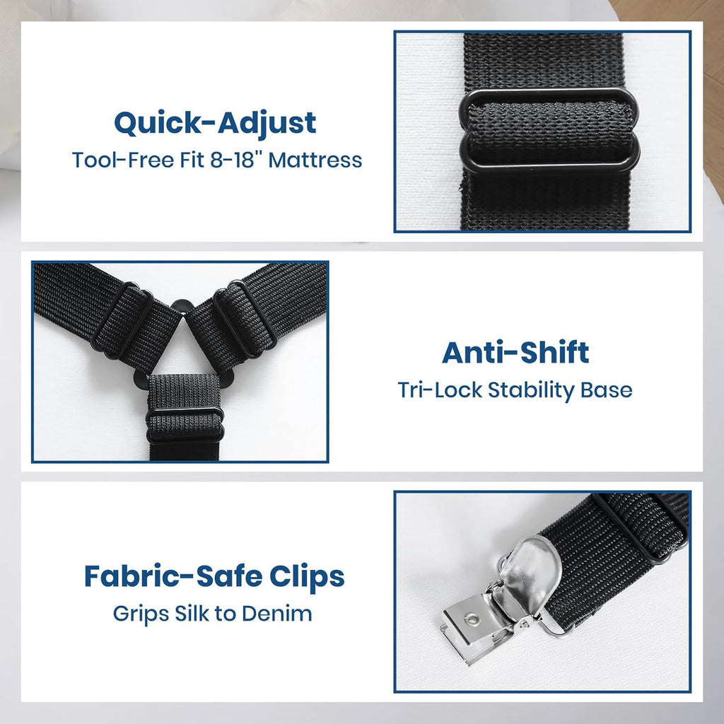 FeelAtHome Adjustable Bed Sheet Clips & Corner Fasteners, 4 Pack, Black