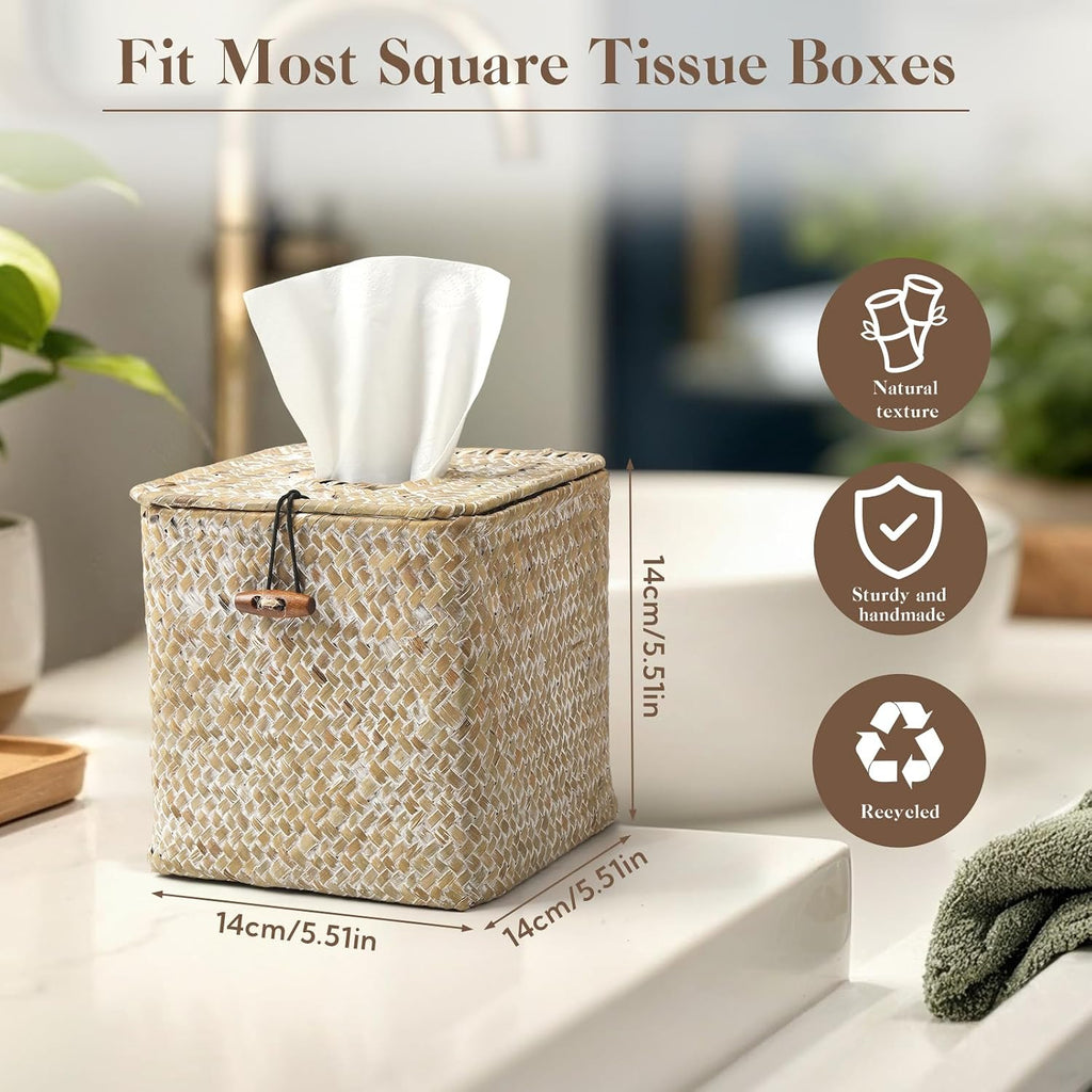 4 Pack Seagrass Tissue Box Cover Square Woven Tissue Box Holder Square Boho Decor Tissue Holder with Lid Farmhouse Tissue Box Cover for Toilet Bathroom Living Room Kitchen Bedroom Office Dorm