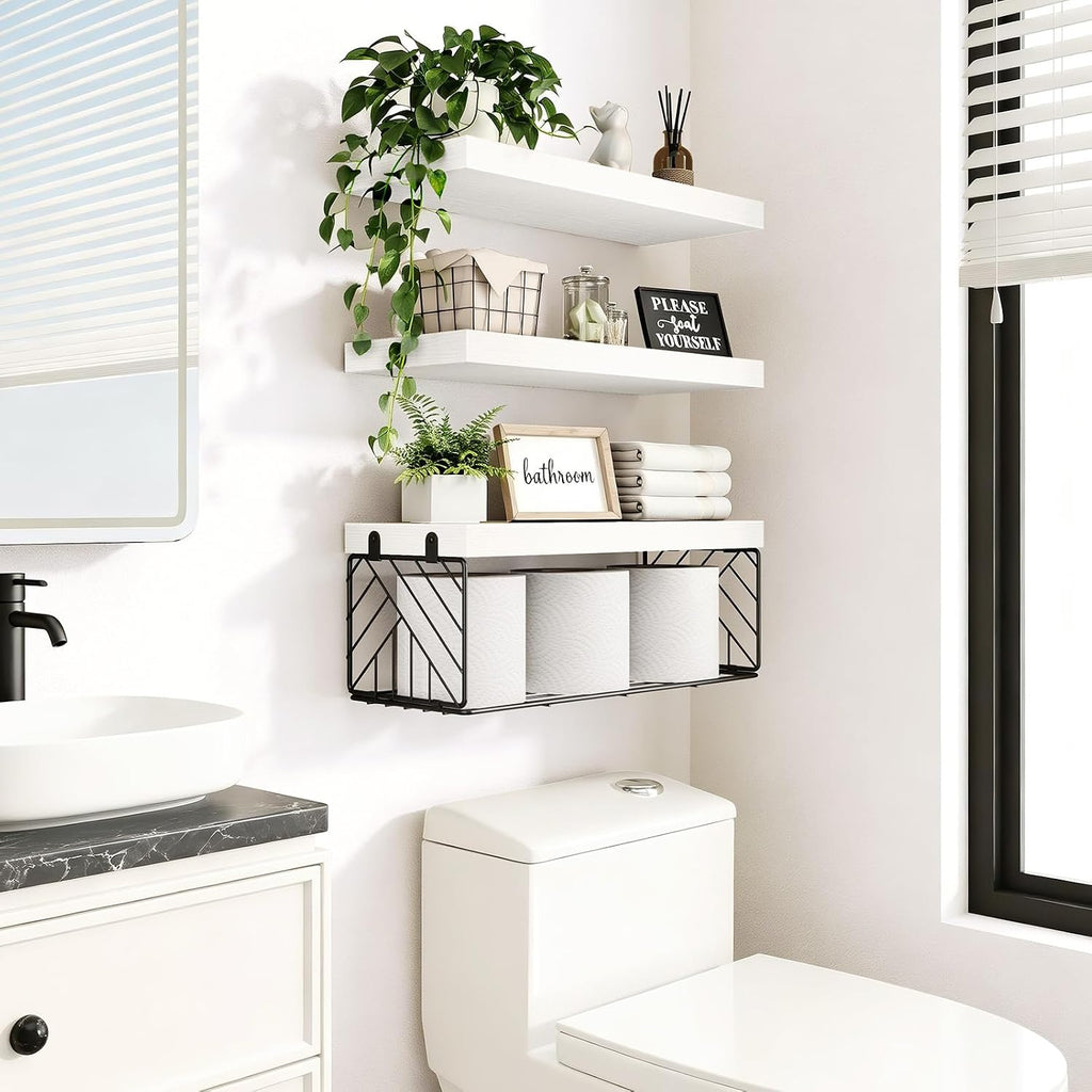 BAYKA White Floating Bathroom Shelves, 15.7in, 3Pk, Wall Mount Wood Shelf