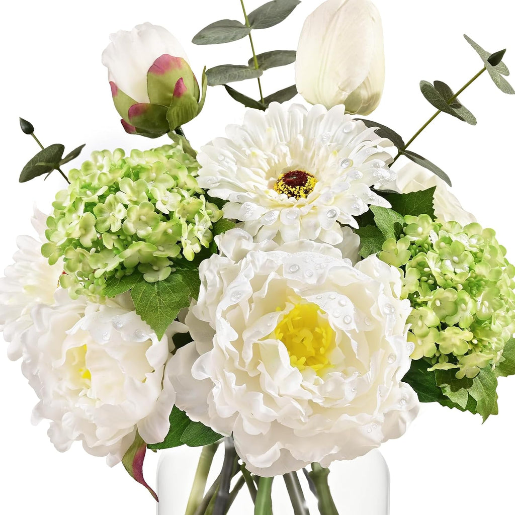 Livole Artificial Faux Flowers with Vase & Water Silk Fake Flowers, White