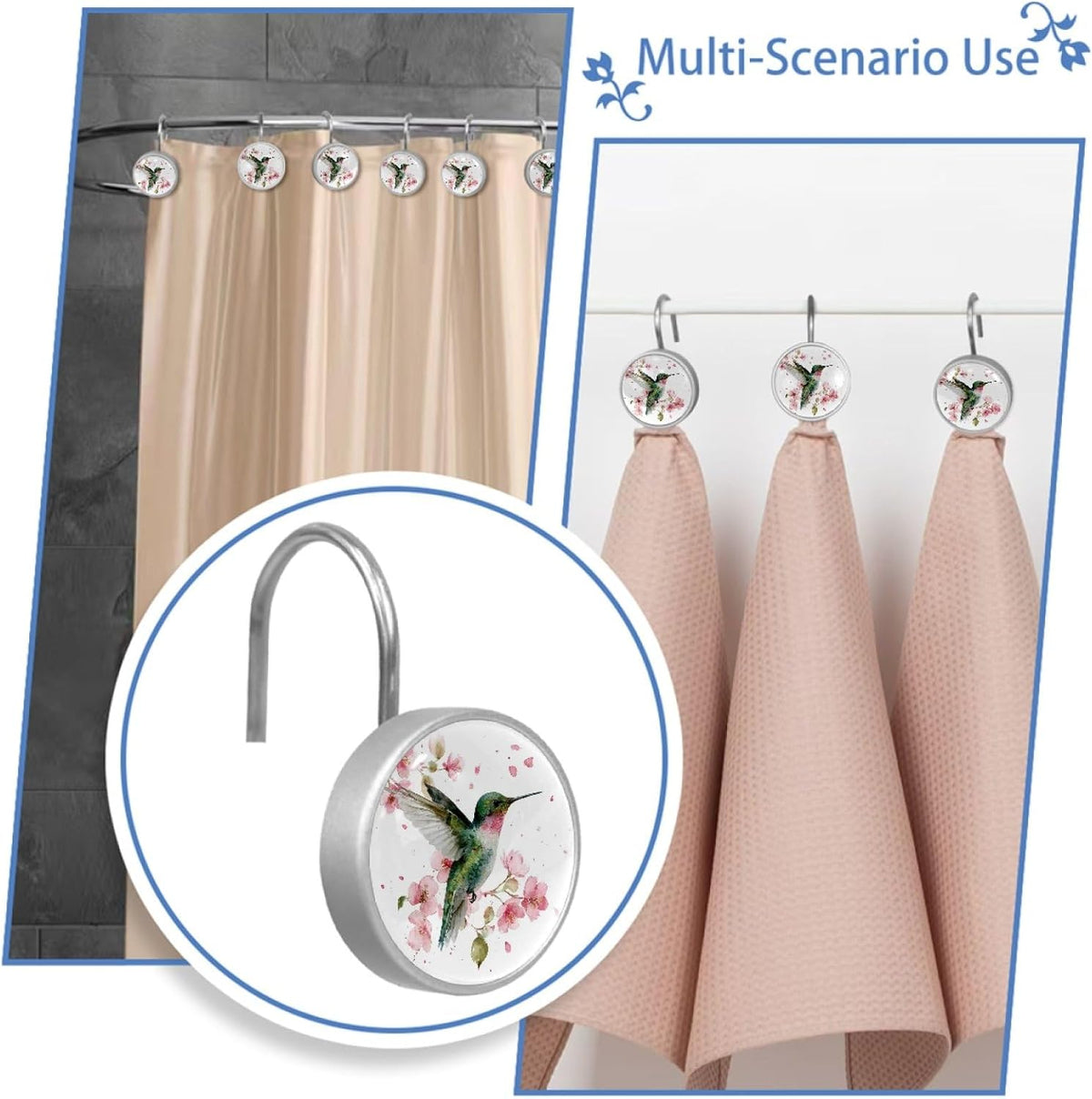 Hummingbird Round Shower Curtain Hooks Set of 12 Stainless Steel Decorative Hanger Rings for Bathroom Kitchen Bedroom Curtain Rods
