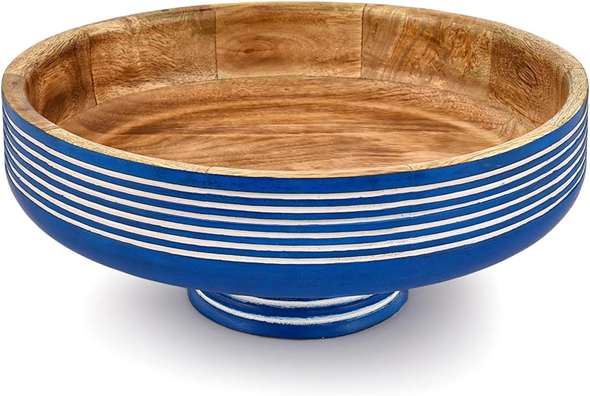 Samhita Mango Wood Fruit Bowl Rustic Blue Finish - Decorative Serving Bowl, Bluewash Burning Wood Centerpiece for Kitchen Counter & Dining Table (12" x 12" x 4.5")