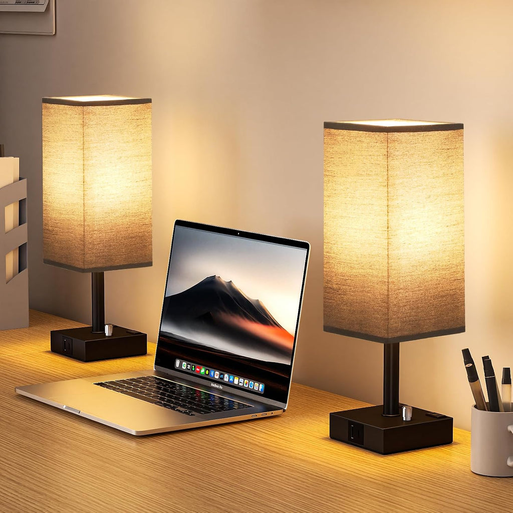 Black Bedside Table Lamps Set of 2 - Dimmable, USB C+A, 2 AC Outlets