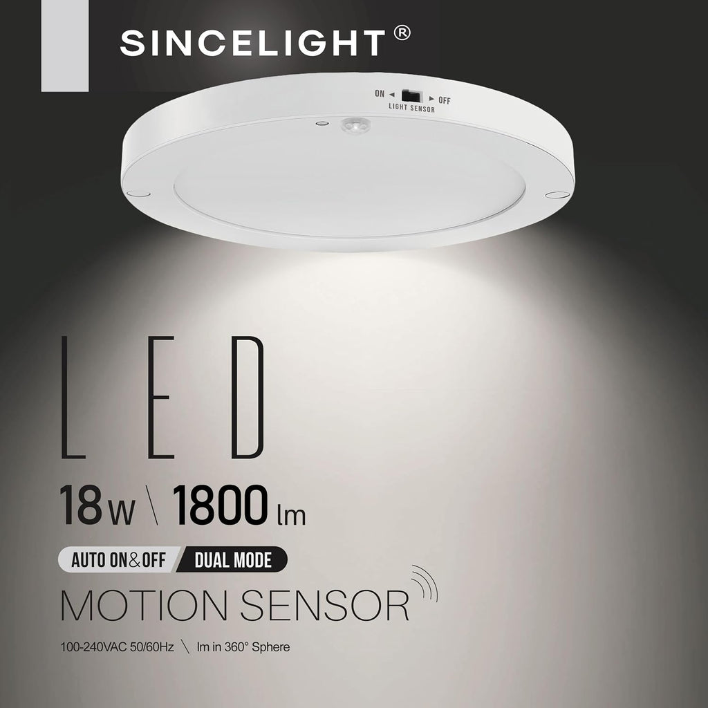 SINCELIGHT PIR Motion Sensor 18W LED Ceiling Light (Φ9''/220mm), Automatically ON/Off, Movement Activated, Dual Mode Turnable, Cool White 6000K, Surface/Flush Mount for Hallway,Porch, Pack of 1