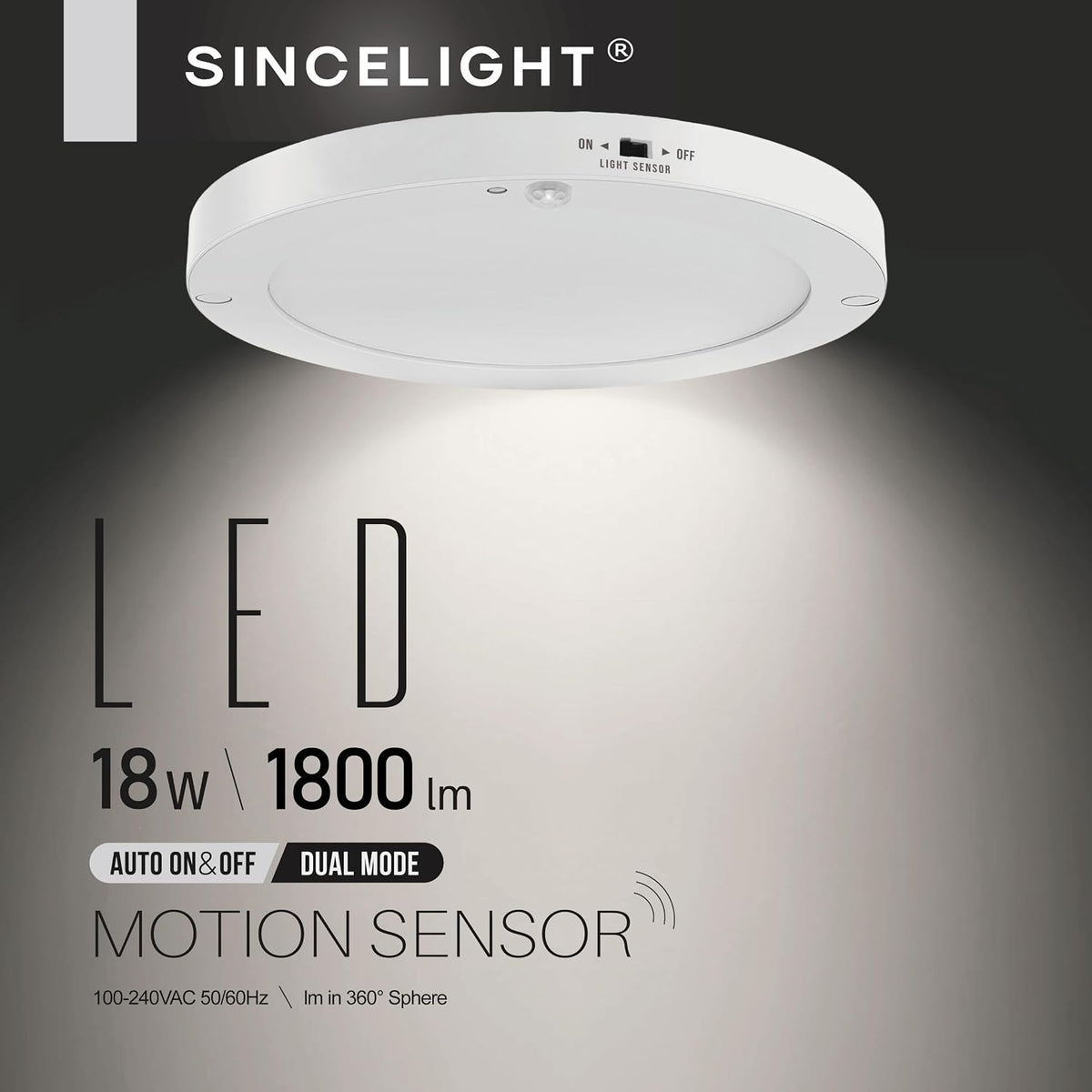 SINCELIGHT PIR Motion Sensor 18W LED Ceiling Light (Φ9''/220mm), Automatically ON/Off, Movement Activated, Dual Mode Turnable, Cool White 6000K, Surface/Flush Mount for Hallway,Porch, Pack of 1