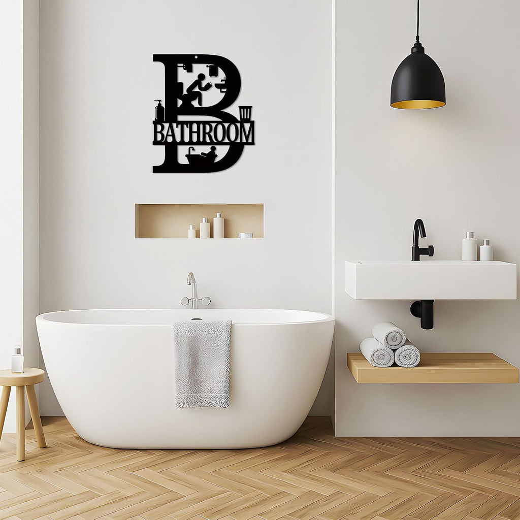 Metal Bathroom Signs Wall Decor, 12x14 Inch Black Bathroom Wall Art, Farmhouse Funny Restroom Sign for Modern Home Decoration Gift for Housewarming