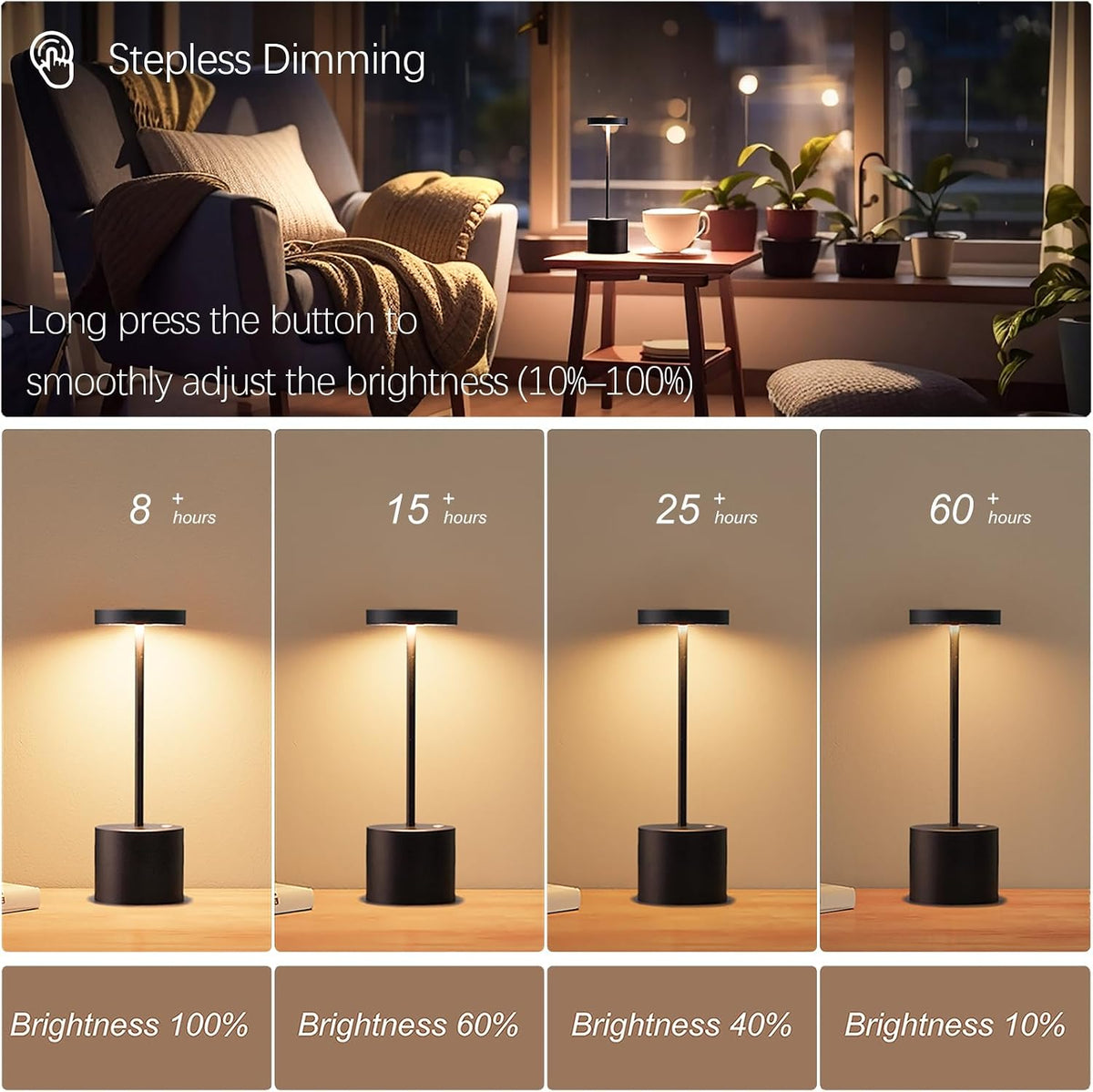 Cordless Rechargeable LED Table Lamp Set of 2, Matte Black