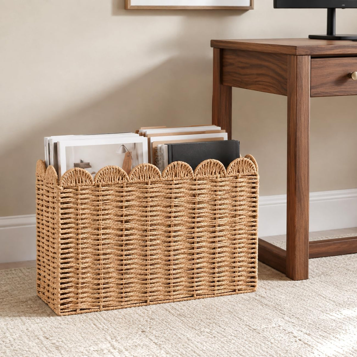 Wicker Magazine Basket, Paper Rope Scalloped Magazine Holder for Files Books Newspapers and Documents, Handwoven Floor Organizer Rack for Office Living Room Bathroom