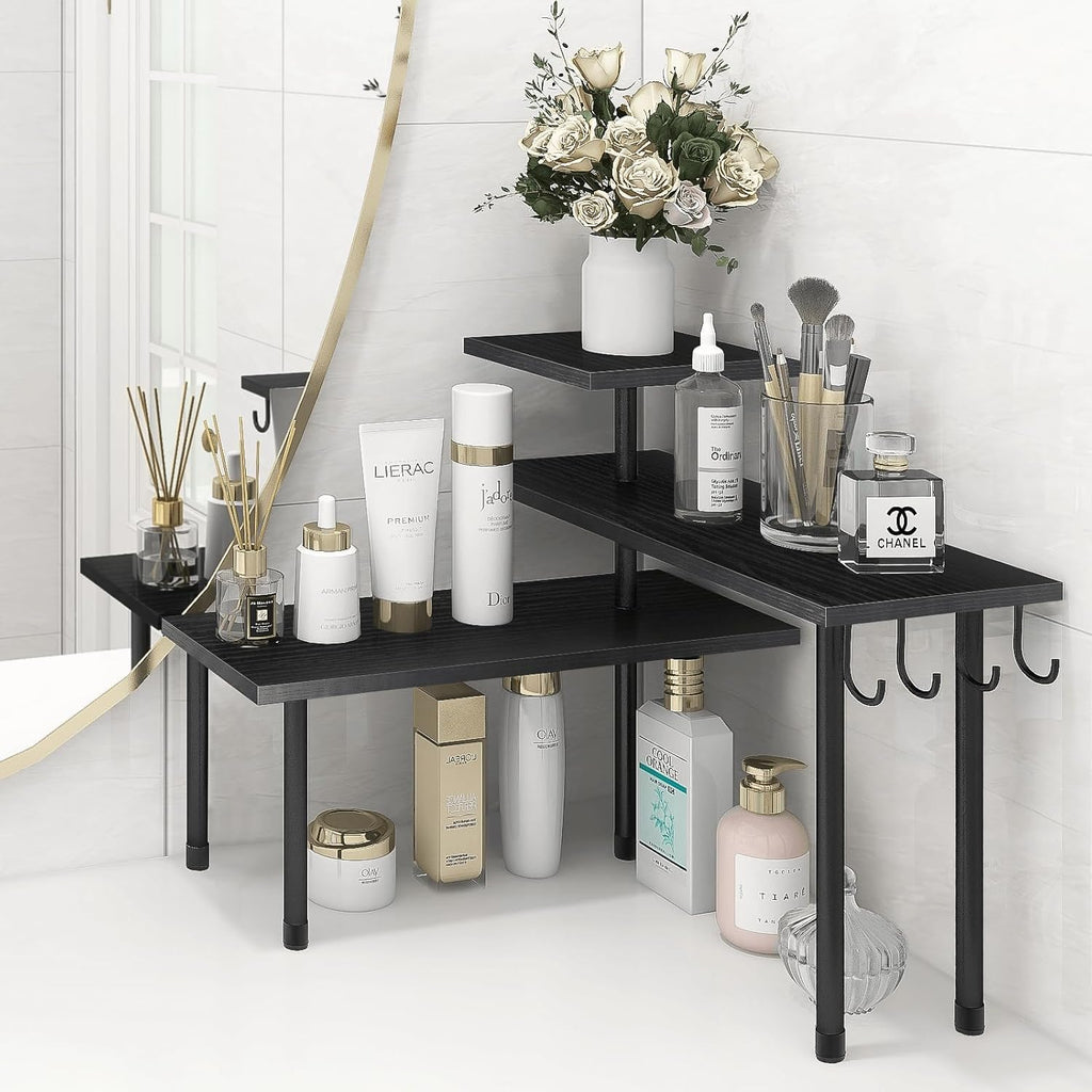 Homode Bathroom Counter Organizer Corner Shelf, Kitchen Countertop Organizer, 3 Tier Wood Counter Shelf Stand for Over the Sink, Coffee Station, Desktop, Black