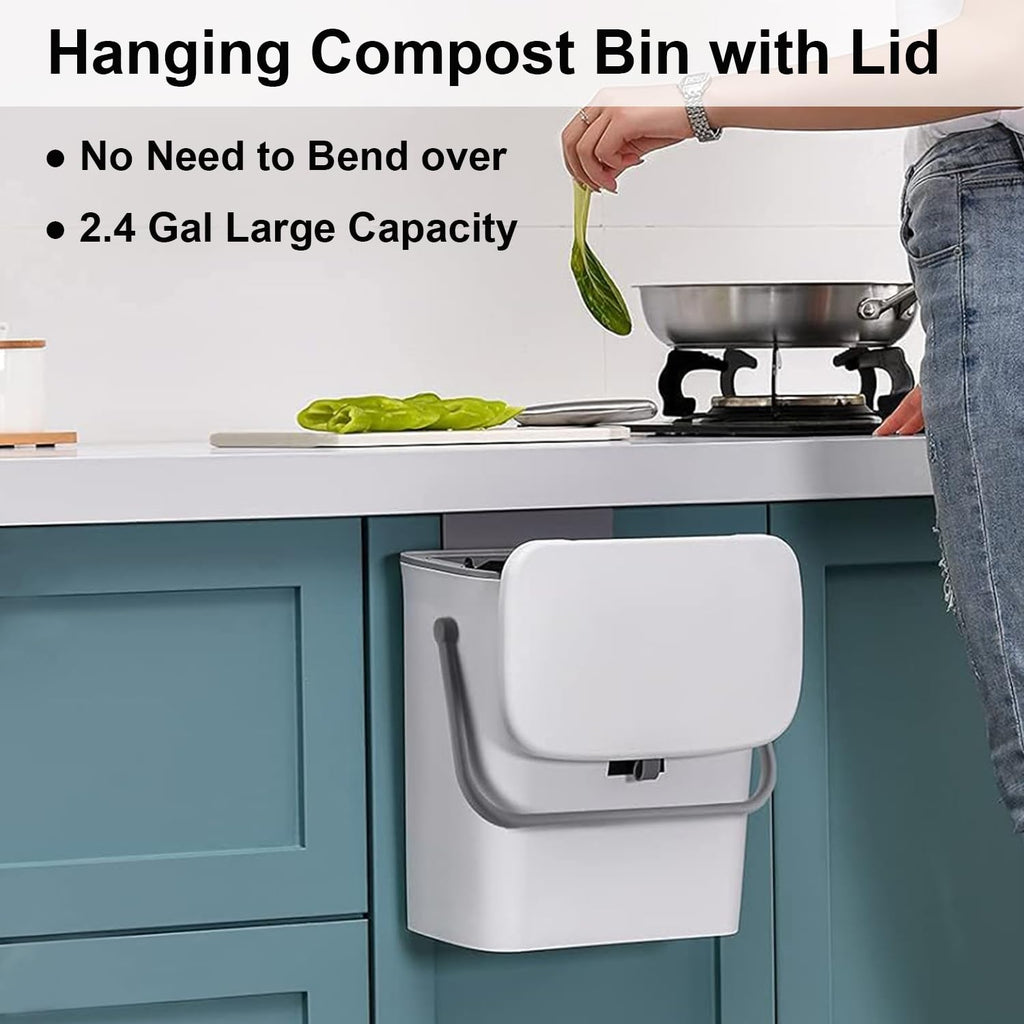 LALASTAR Small Trash Can with Lid, Kitchen Compost Bin for Countertop or Under Sink, Plastic Hanging Waste Basket for RV/Office/Bedroom/Dorm, Mountable, 9L/2.4 Gal, White