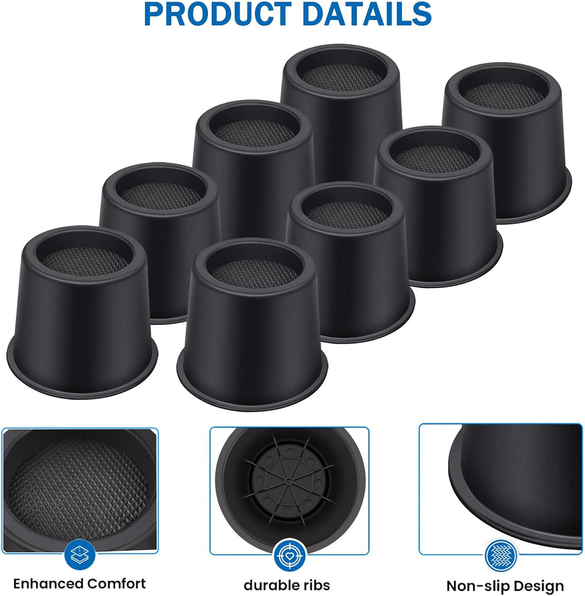 ANNKUT Bed Risers 4 Inch Heavy Duty, Round Furniture Risers for Bed Desk Table Sofa Couch，Bed Lifts Risers, Support up to 3300 Lbs(8 Pack Black)