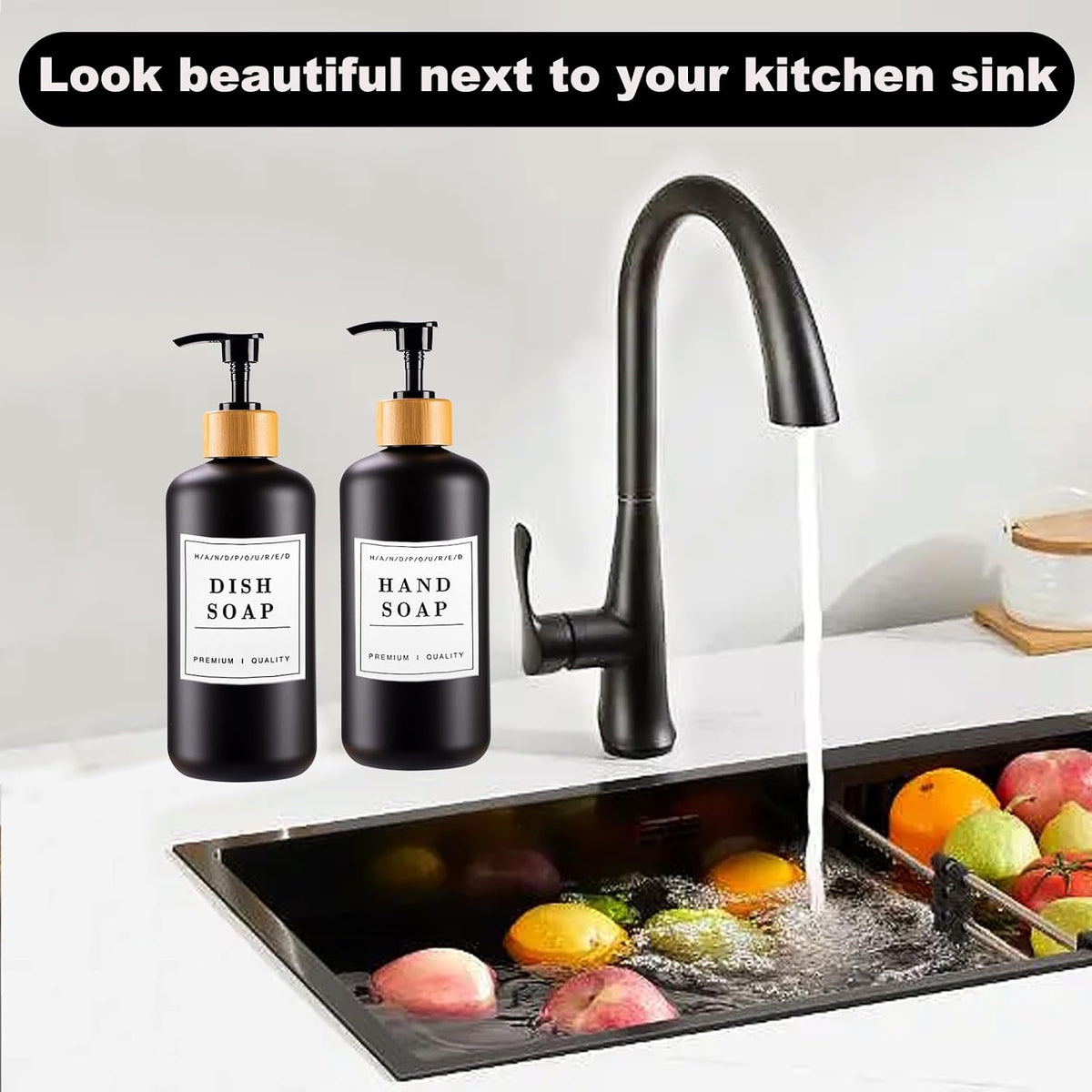 Black Soap Dispenser Set 16oz Plastic Soap Dispenser with Bamboo Pump Hand and Dish for Kitchen Refillable Soap Lotion Dispenser for Shampoo Conditioner Bathroom Kitchen Farmhouse