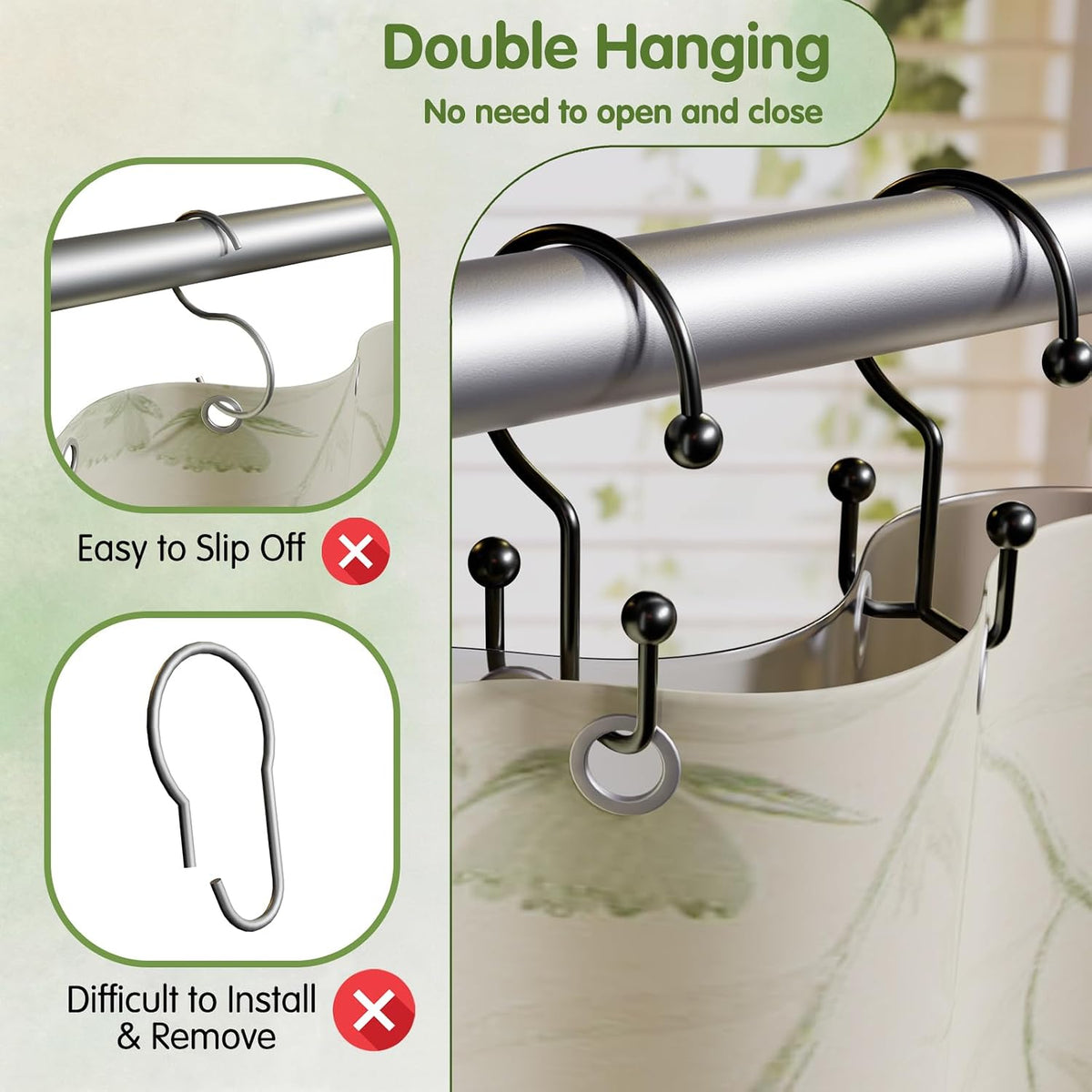 OEH Shower Curtain Hooks, Metal Shower Curtain Rings, Black Shower Curtain Hooks Rust Proof, Double Shower Rings for Curtain, Easy Install Anti-Drop Shower Hooks for Shower Curtain (Black, 12 Pack)