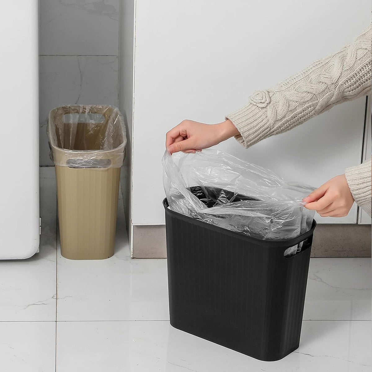 2 Pack Small Bathroom Trash Can 3.5 Gallon Slim Plastic Garbage Can, Black