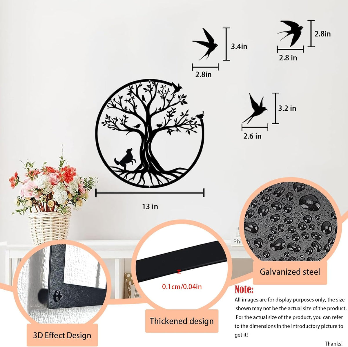 lyyochinn Tree of life metal wall art with 3 free flying birds wall decor,Outdoor Garden Porch Metal Birds Wall Hanging Sculpture for Father's Day Present or Housewarming Gift(13inch)