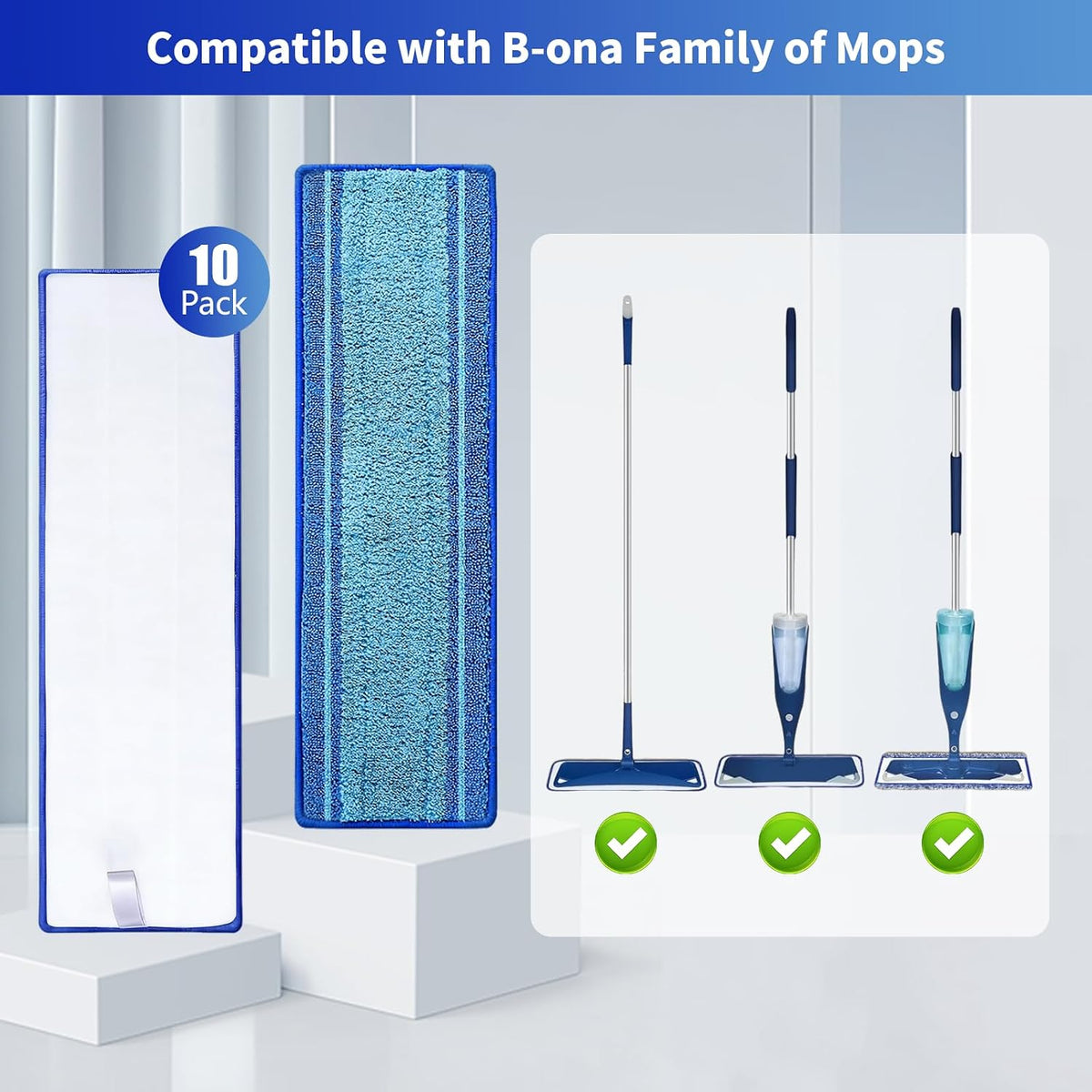 10-Pack Microfiber Mop Pads for Bona Mop- Washable Reusable Refills for Hardwood, Tile & Multi-Surface Floors | Pet Hair & Stain Remover