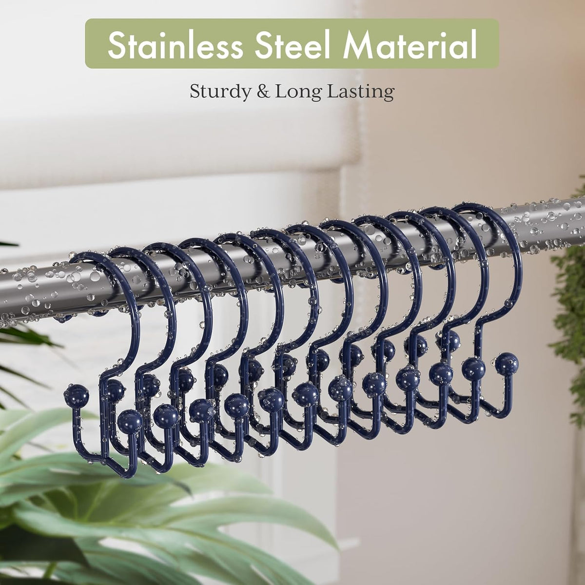 Amazer Shower Curtain Hooks Navy Blue Double Shower Curtain Hooks, Shower Curtain Rings Sturdy Stainless Steel Shower Hooks for Bathroom Shower Rod, 12Pcs Shower Curtain Hangers