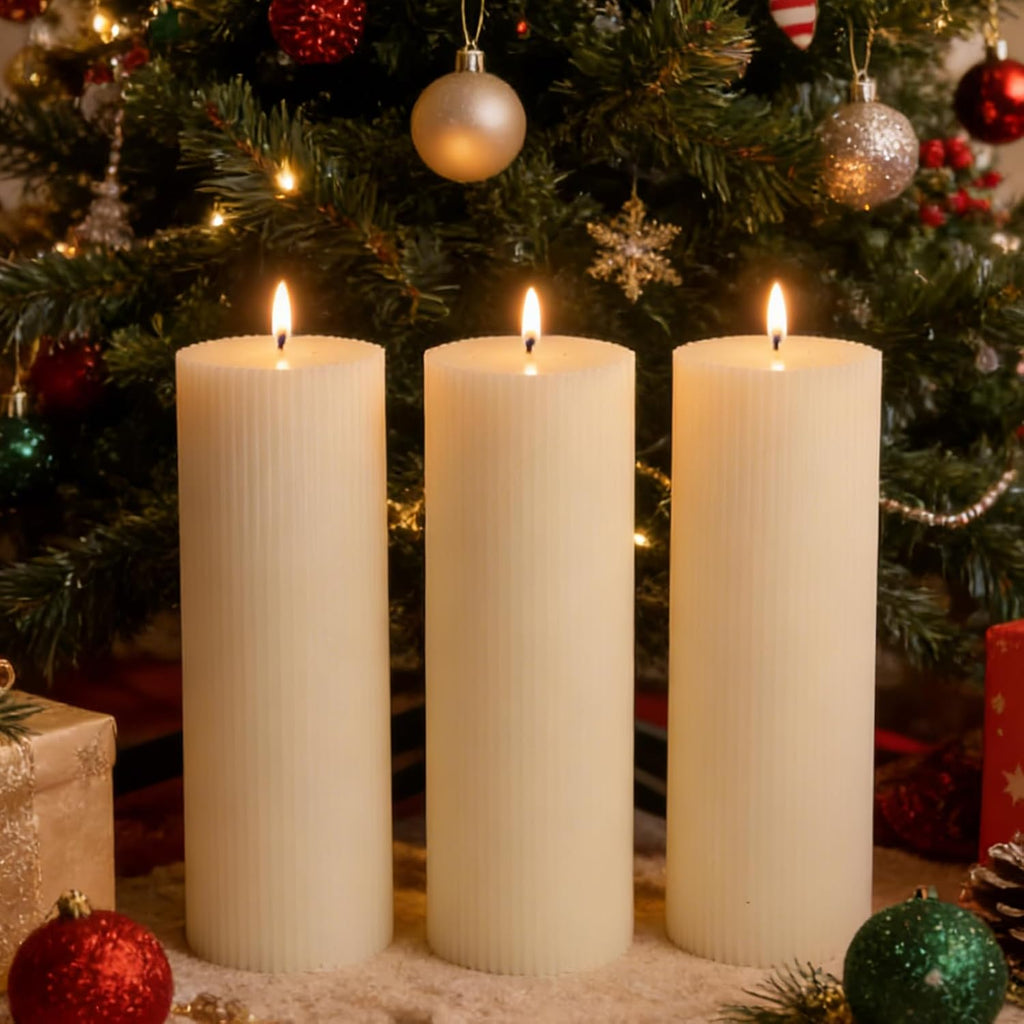 Tall Ribbed Pillar Candles 3x8 Inch 3 Pack White Soy