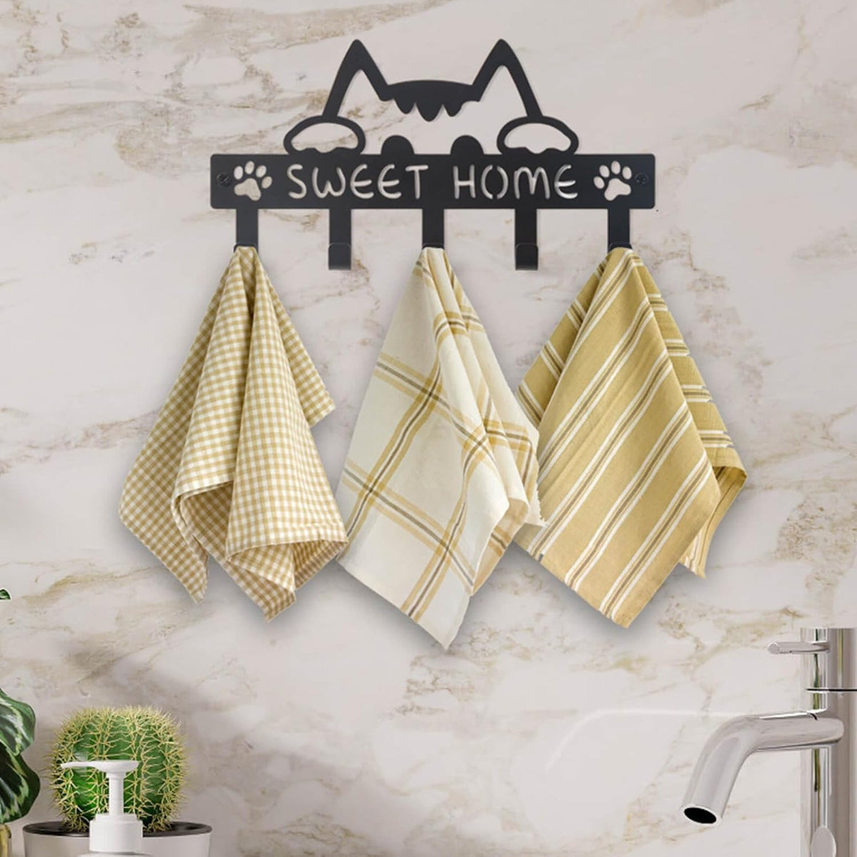 Key Holder Hooks Wall Mounted Organizer Hanger Rack, Cat Sweet Home Wall Metal Decor for Entryway Front Door Kitchen Hallway Garage Mudroom Office