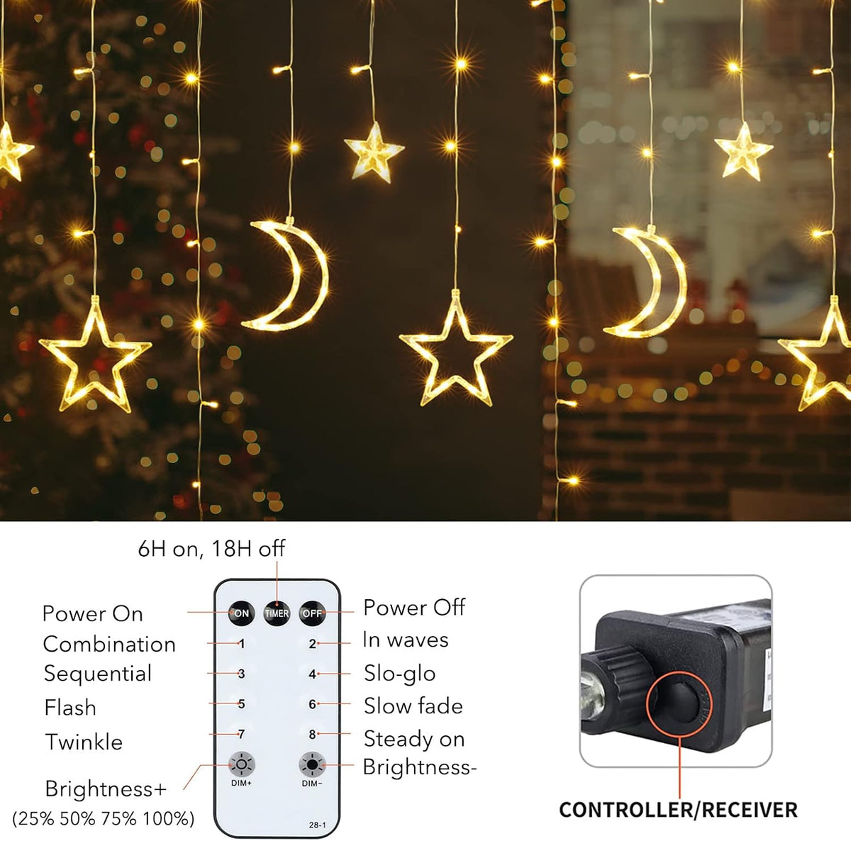 Christmas LED Curtain String Lights - 18FT 12 Drops 138 LED Star Moon Hanging Lights with Remote, 8 Modes, 6H Timer, Waterproof Connectable Window Lights for Indoor Outdoor Holiday Decorations