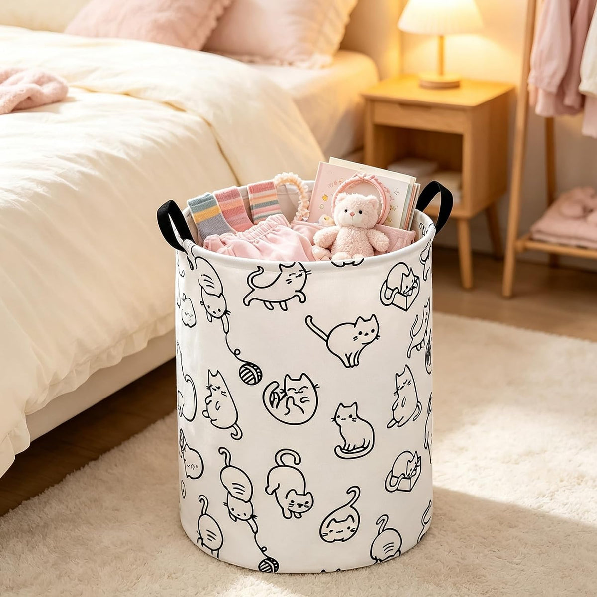 Round Fabric Collapsible Storage Basket with Handles, Black cat