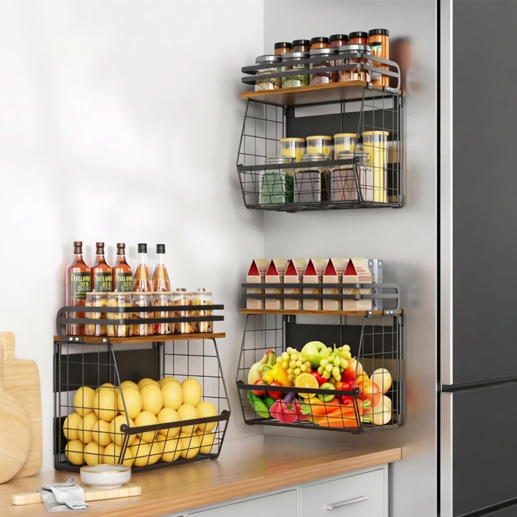 Magnetic Shelf for Fridge with Wood Lid, Large Capacity Magnetic Spice Rack for Refrigerator Kitchen Storage Bin for Fruit, Onion, Potatoes, Storage Organizer for Counter & Cabinet, Wire Basket