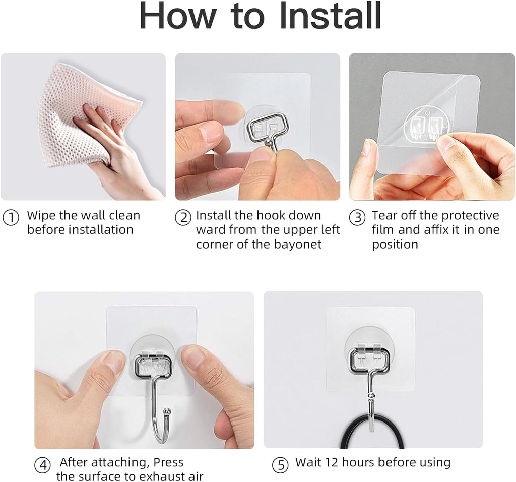Large Adhesive Wall Hooks Heavy Duty for Hanging 44LB 30pcs Clear No Drill