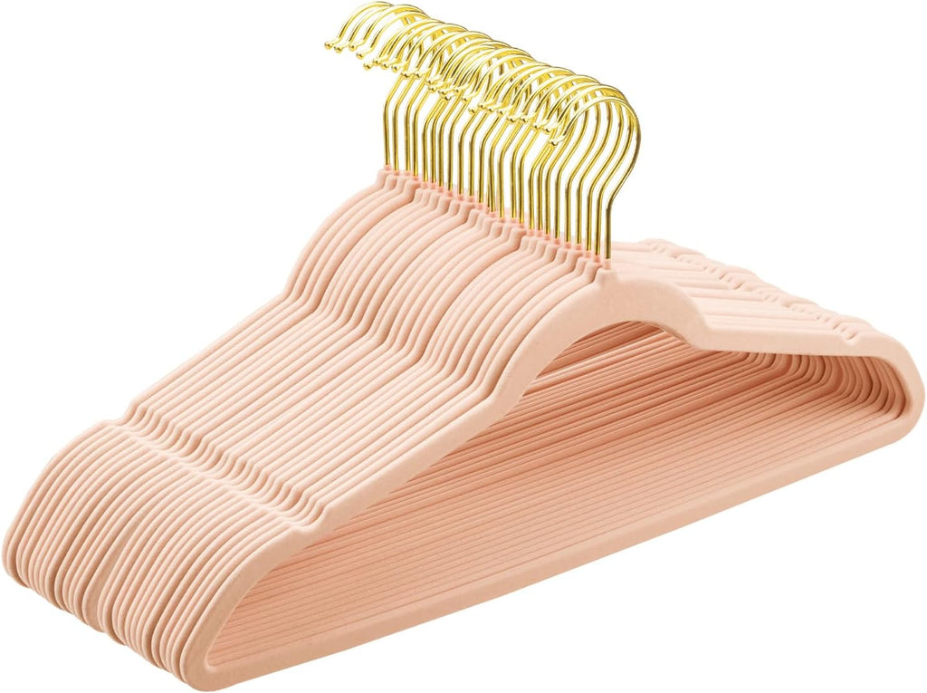 Premium Velvet Hangers 60 Pack, Non Slip Flocked Felt Hangers, Heavy Duty Coat Hangers, Slim Space Saving Clothes Hangers with 360° Swivel Gold Hooks for Coats, Suits, Dresses - Pink