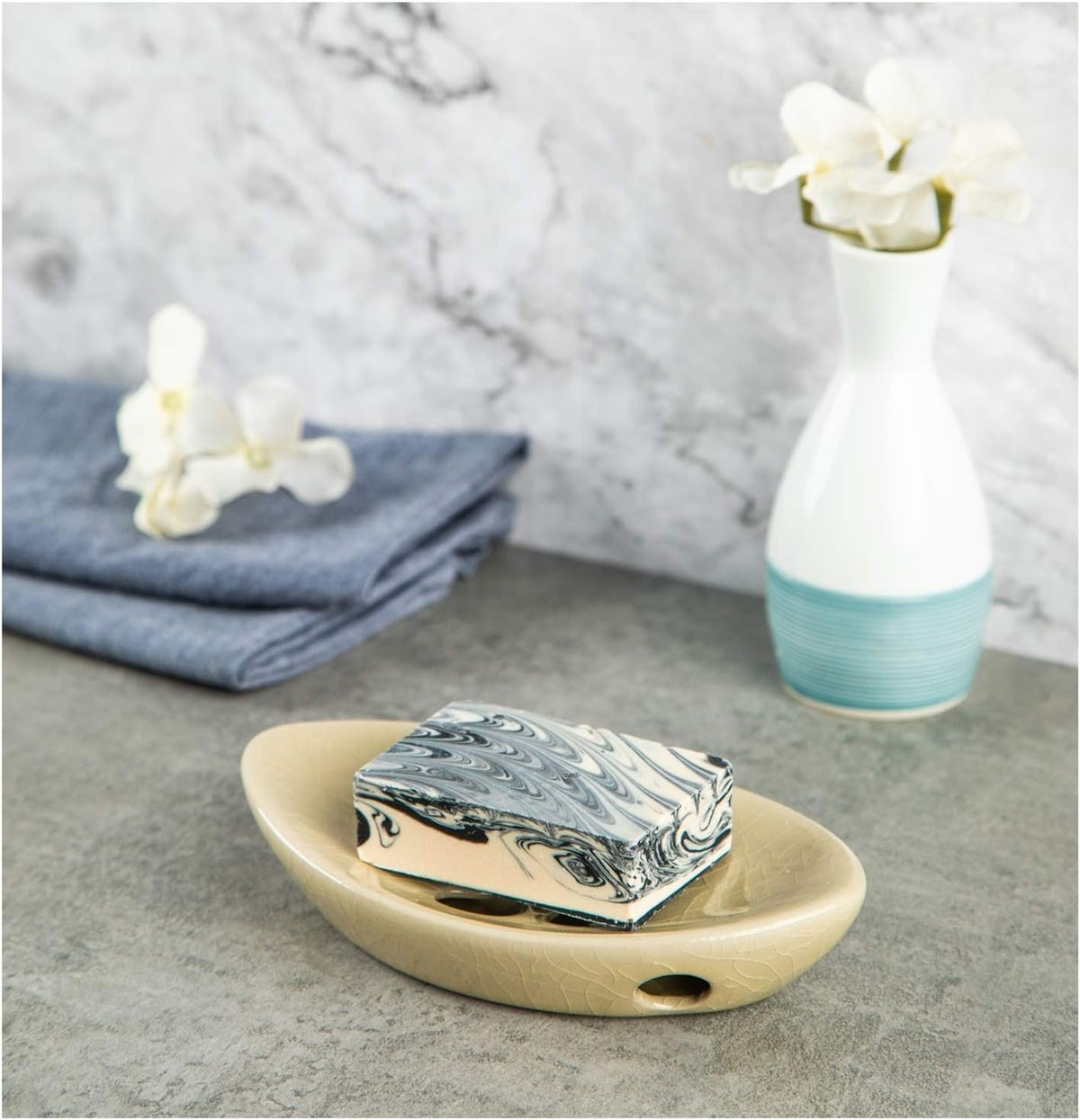 Ceramic Soap Dish with Self Draining Tray for Bar Soap, Bathroom, Kitchen (Ivory No.1)