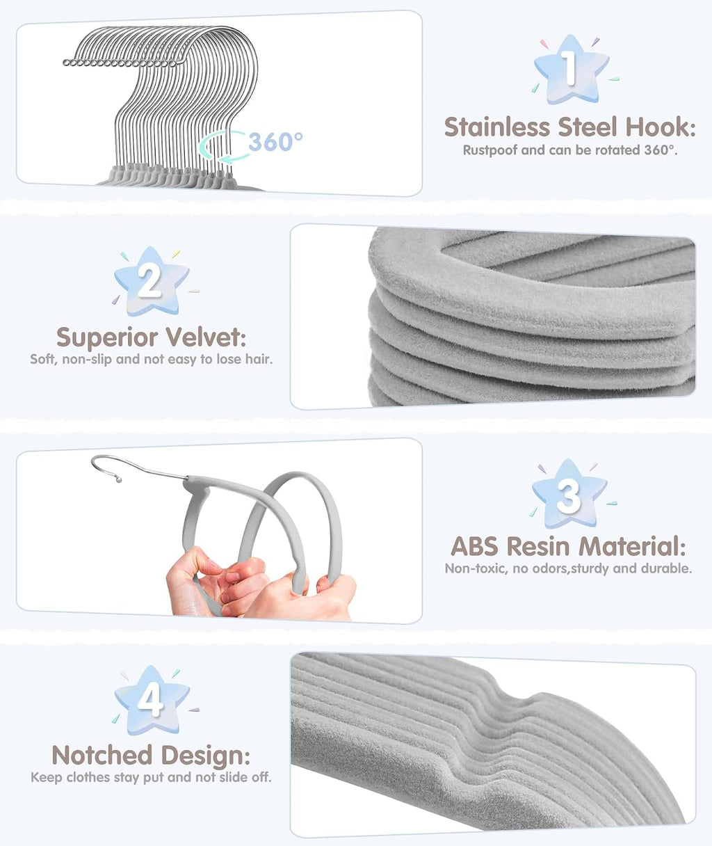 VIS'V Velvet Baby Hangers with 6 Pcs Size Dividers, 11 Inch, Gray, 30 Pcs