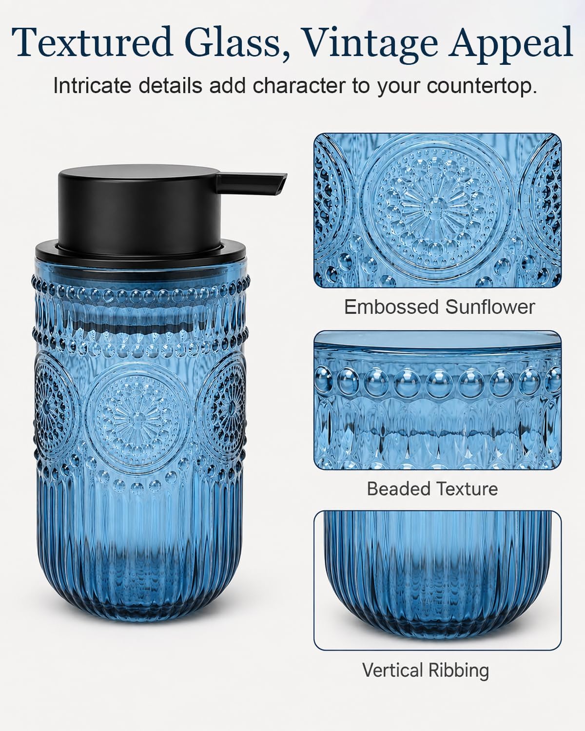Foaming Soap Dispenser, Vintage Embossed Glass Foam Soap Dispenser, Blue