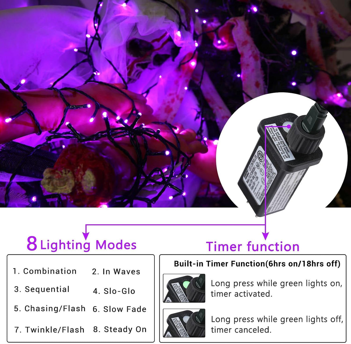 Purple Halloween Lights, 82ft 200 LED Halloween String Lights with 8 Modes