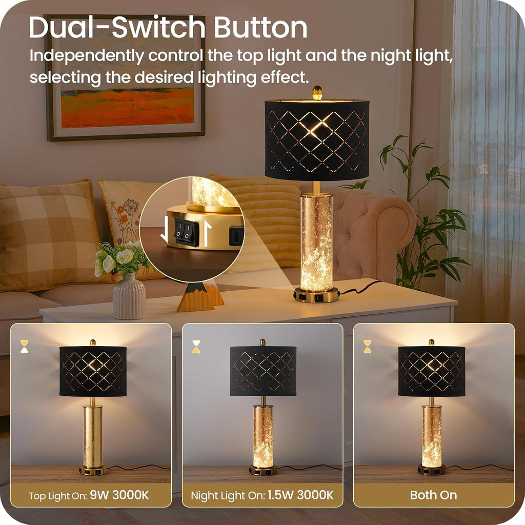 25.6" Black Table Lamps Set of 2, Tall Bedside Lamps with Nightlight, Modern Nightstand Lamp with USB Ports, Desk Lamp for Bedroom, Living Room, Office, LED Bulbs Included B01TL05