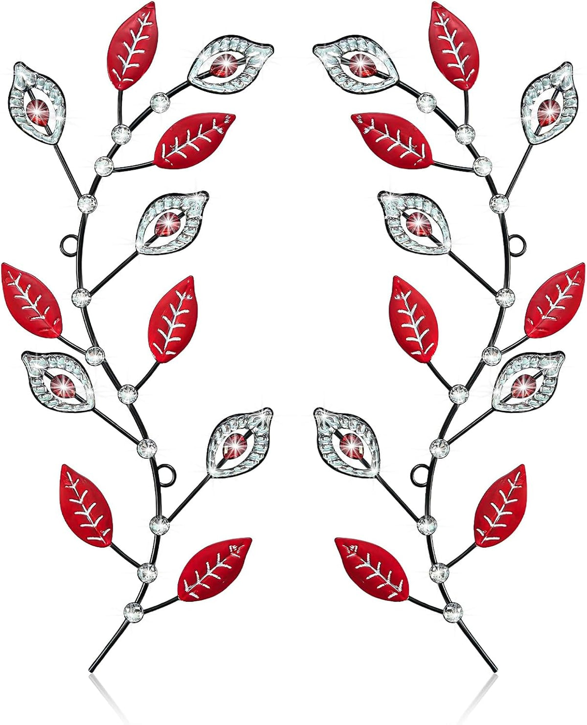sxnzequnze 2 Set Metal Tree Leaf Wall Art for Home Decor Living Room Bedroom Dining Room Bling Rhinestone, 3D, Iron Branch Hanging Leaf Sculpture Art Pieces -Red 16.5in*6.7in