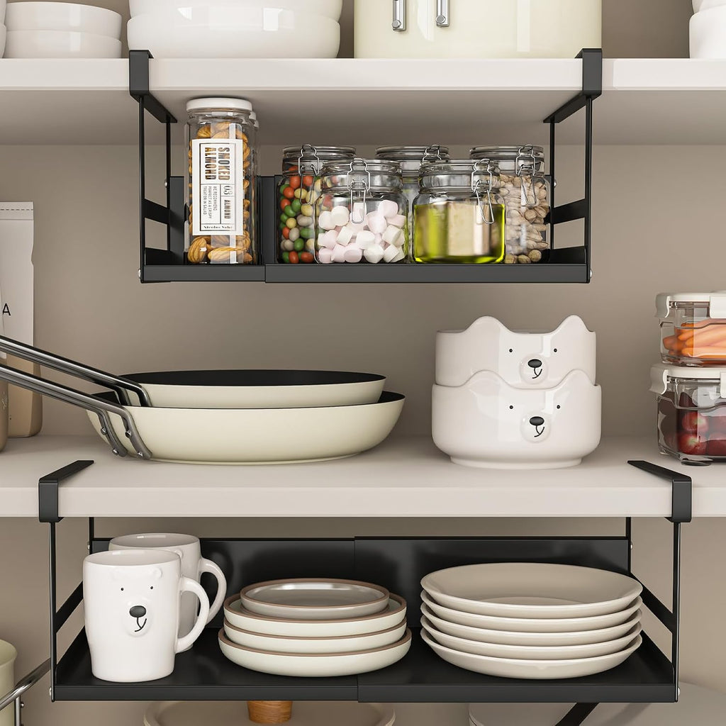 Expandable Under Cabinet Shelf Organizer with 0.94-Inch Thick Clips, Heavy Duty Extendable Under Shelf Storage Basket for Pantry or Laundry Room, Black, 1 Pack, Interior: 5.7" H x 7.2" D