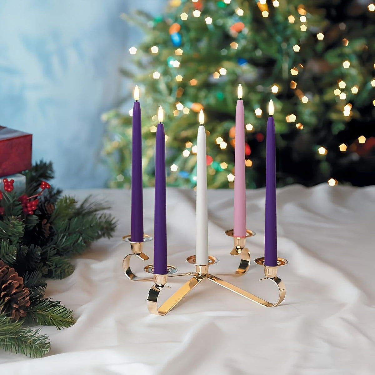 Stmarry Flameless Advent Candles, Set of 5 - Flickering LED Flame, 11 Inch Taper Candlesticks, Remote Controlled - 3 Purple, 1 Pink, 1 White for Christmas Wreath