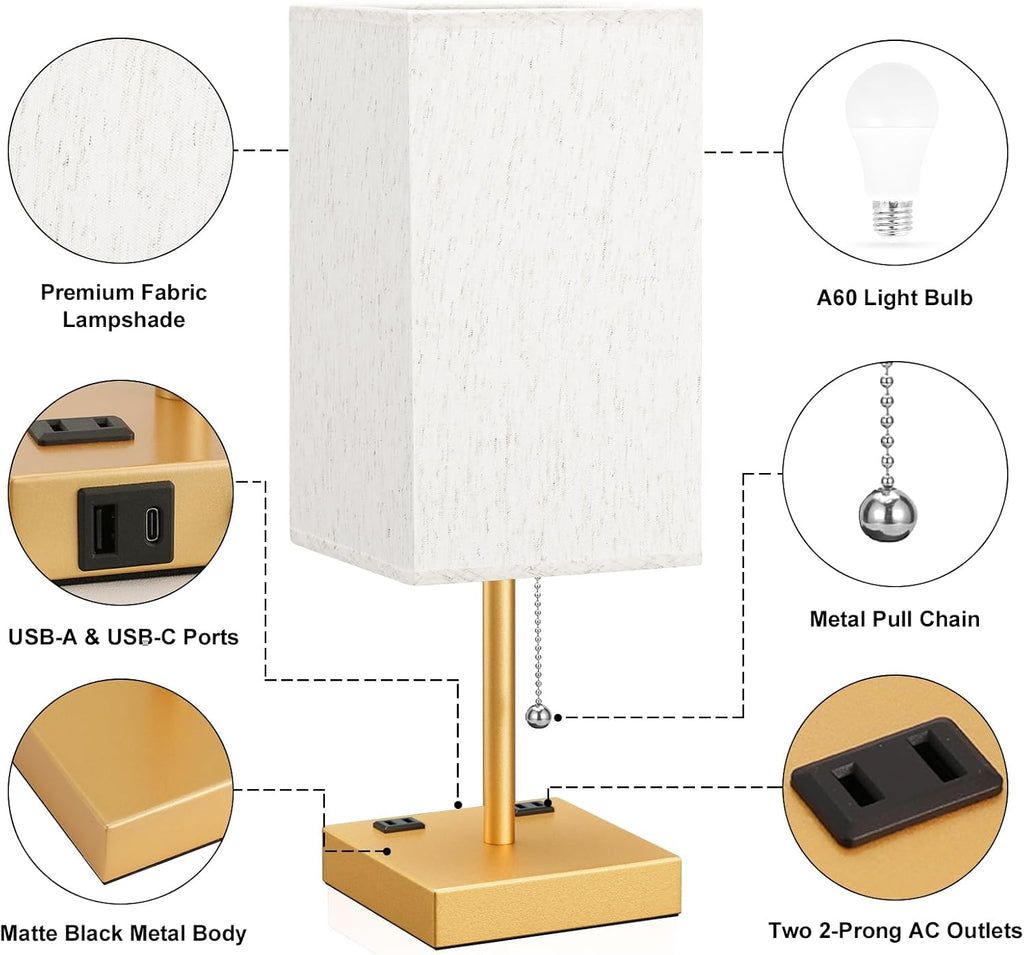 Gold Bedside Lamp for Bedroom - 3 Color Temperatures, USB A+C, 2 AC Outlets