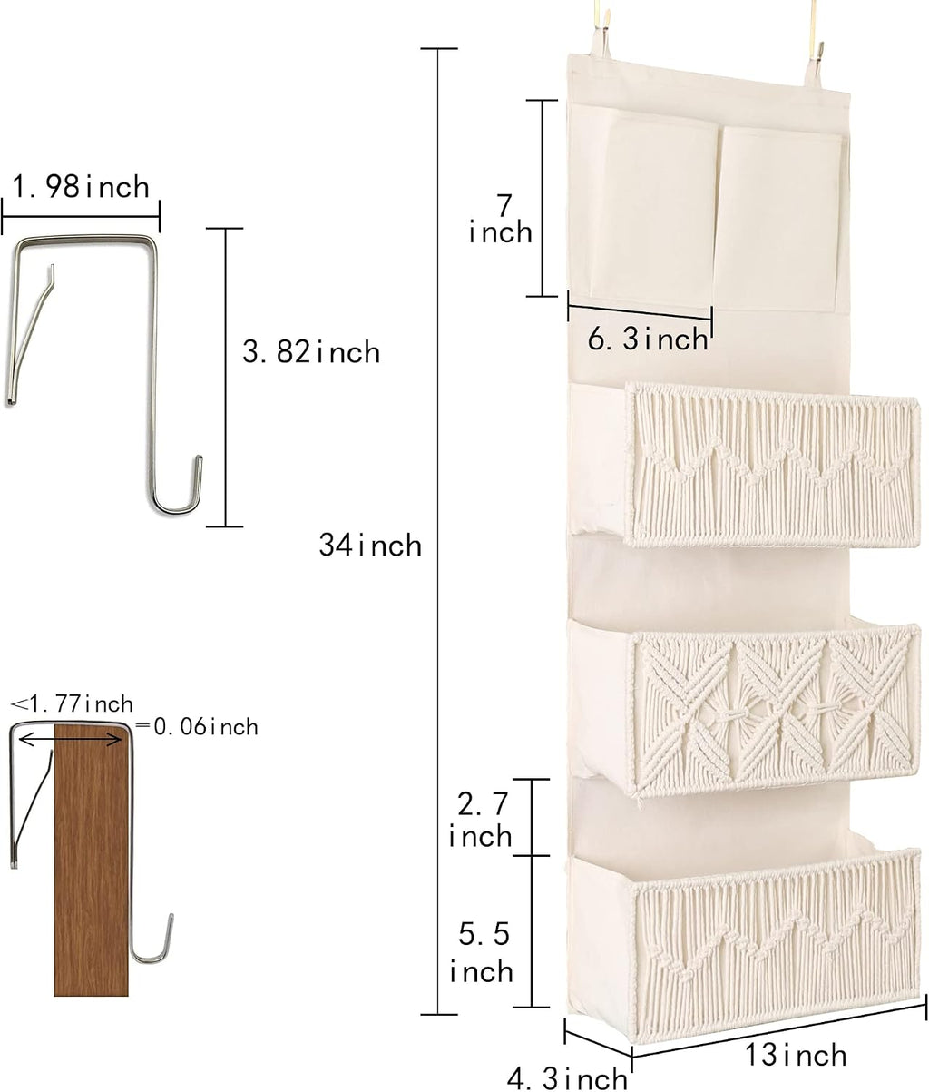 FEILANDUO Over The Door Organizer Boho Macrame Closet Organizers and Storage with 3 Large Woven Pockets Behind Door Organizer for Nursery, Pantry, Bathroom, Bedroom, Dorm (Ivory)