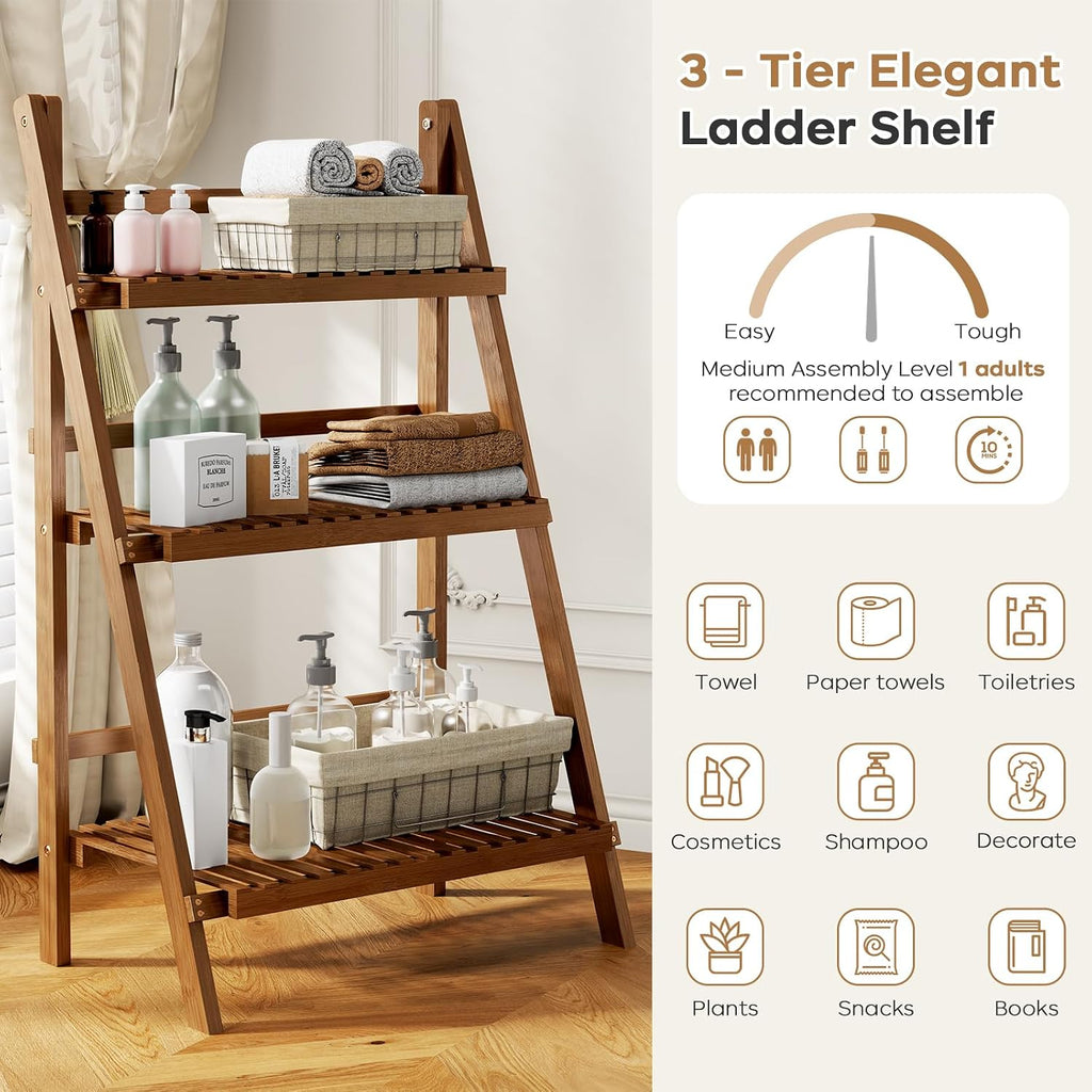 Ladder Shelf, Foldable Plant Shelf Stand, 3-Tier Bamboo Bookshelf, 39.4In