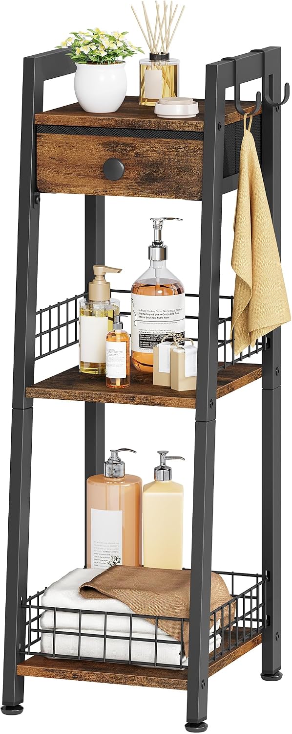 Gewudraw Narrow Bathroom Ladder Shelf with Drawer, 3-Tier, Rustic Brown