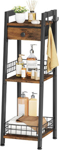 Gewudraw Narrow Bathroom Ladder Shelf with Drawer, 3-Tier, Rustic Brown