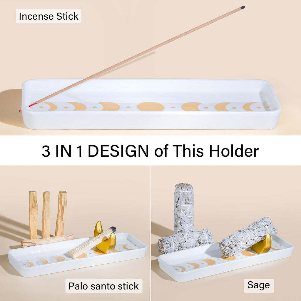 ZenBless Incense Holder Multifunction Incense Burner for Burning Palo Santo,Sage Smudge, Incense Sticks,Handcrafted Ceramic Moon Phase Insence-Stick Holder, Ideal for Spiritual Meditation Yoga Gift