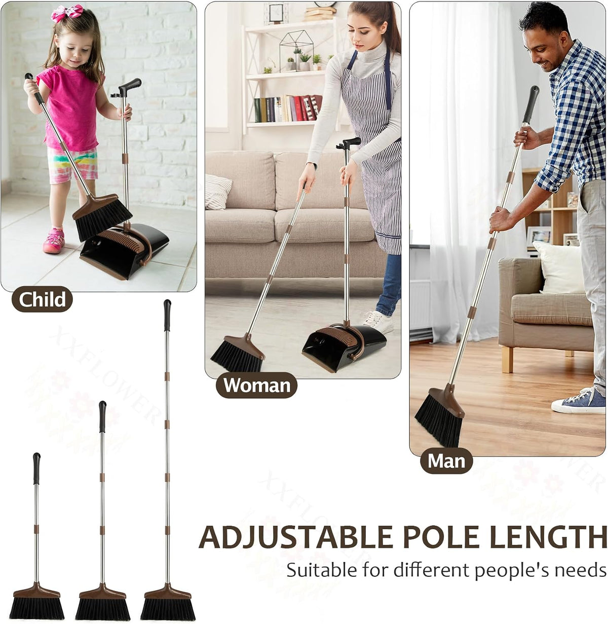 Broom and Dustpan Set with Long Handle, Light Weight Stainless Steel Poles Stand Upright Dustpans with Broom Combo for Home Kitchen Office Pet Dog Hair, 1-Pack (Black Brown)