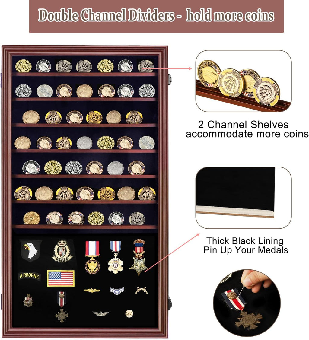 Oversized Military Challenge Coin Display case for Badges Mahogany