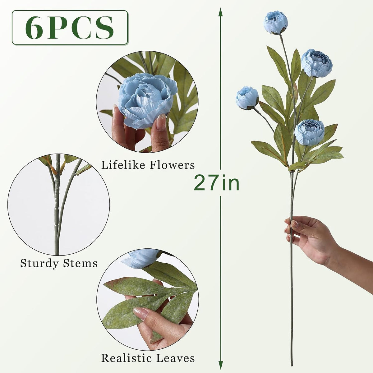 6 Pcs 27" Faux Silk Peony Artificial Flowers Stems for Vase (Dusty Blue)
