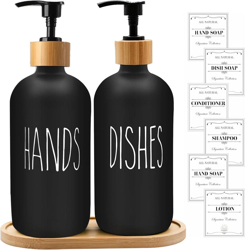 Sunrise Premium Black Glass Soap Dispenser, Bamboo Pump with Tray, 2 Pack