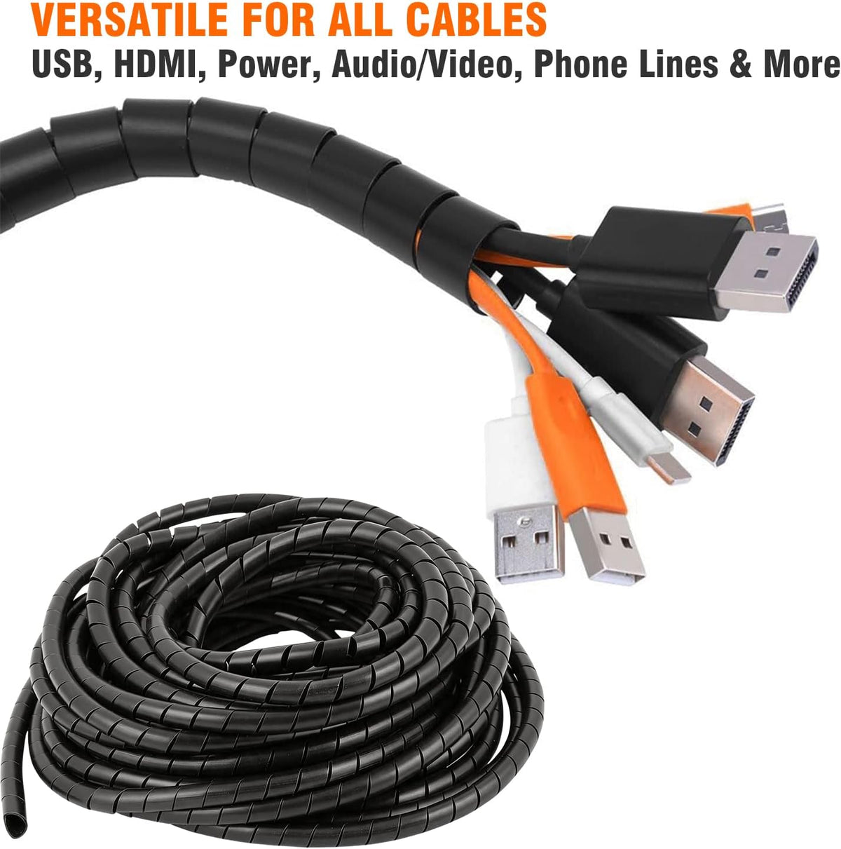 20 Ft Spiral Cable Wrap – 1/2 inch Diameter, PE Wire Organizer for Computer, TV, Office & Automotive Cords – Cut-to-Length, Reusable Bundle Sleeve for Home Electronics & Workshop (1/2Inch)