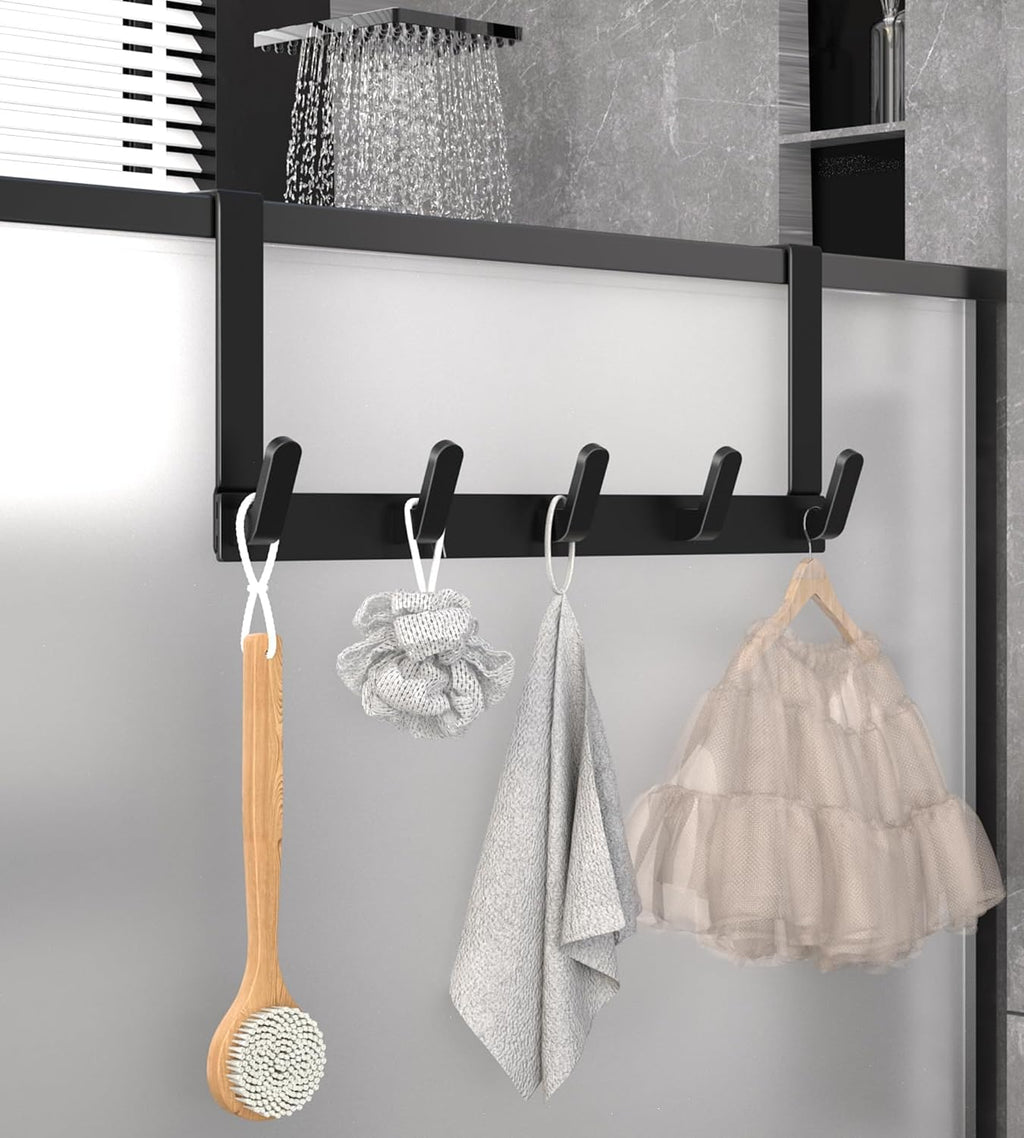 KitchLife Over The Door Hooks - Heavy Duty 5-Hook Organizer, 80lb Total Capacity for Robes, Coats & Towels, Fits 1 3/4" Doors, L18U, Gap-Free & Scratch-Free Design, Matte Black,1-Pack